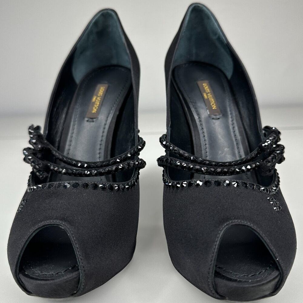 Louis Vuitton Vintage Black Satin Open Toe Crystal Strap Embellished Pumps 37.5 - Picture 4 of 13